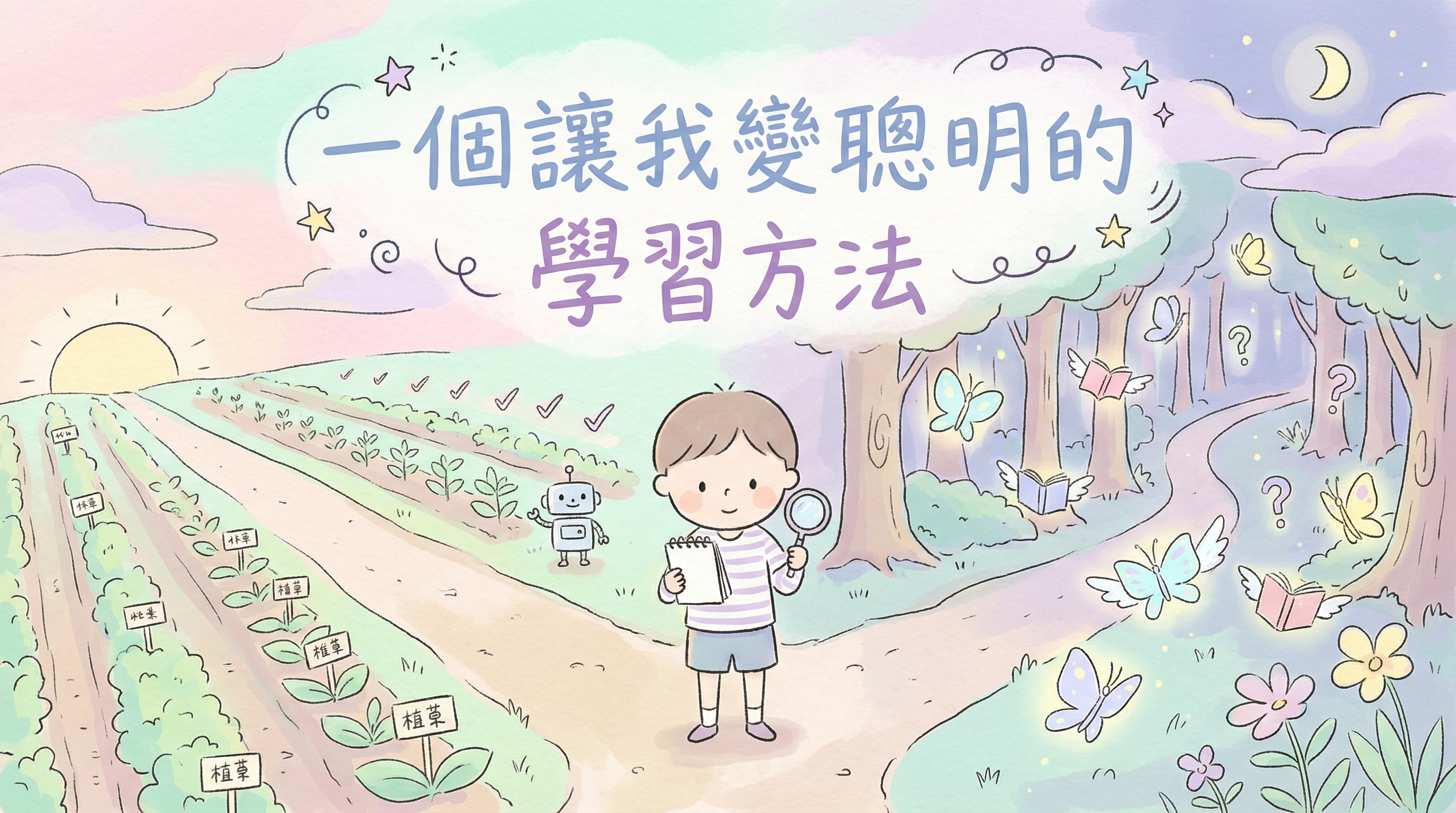 學習方法封面圖：小孩站在岔路口，選擇系統練習或好奇心探索