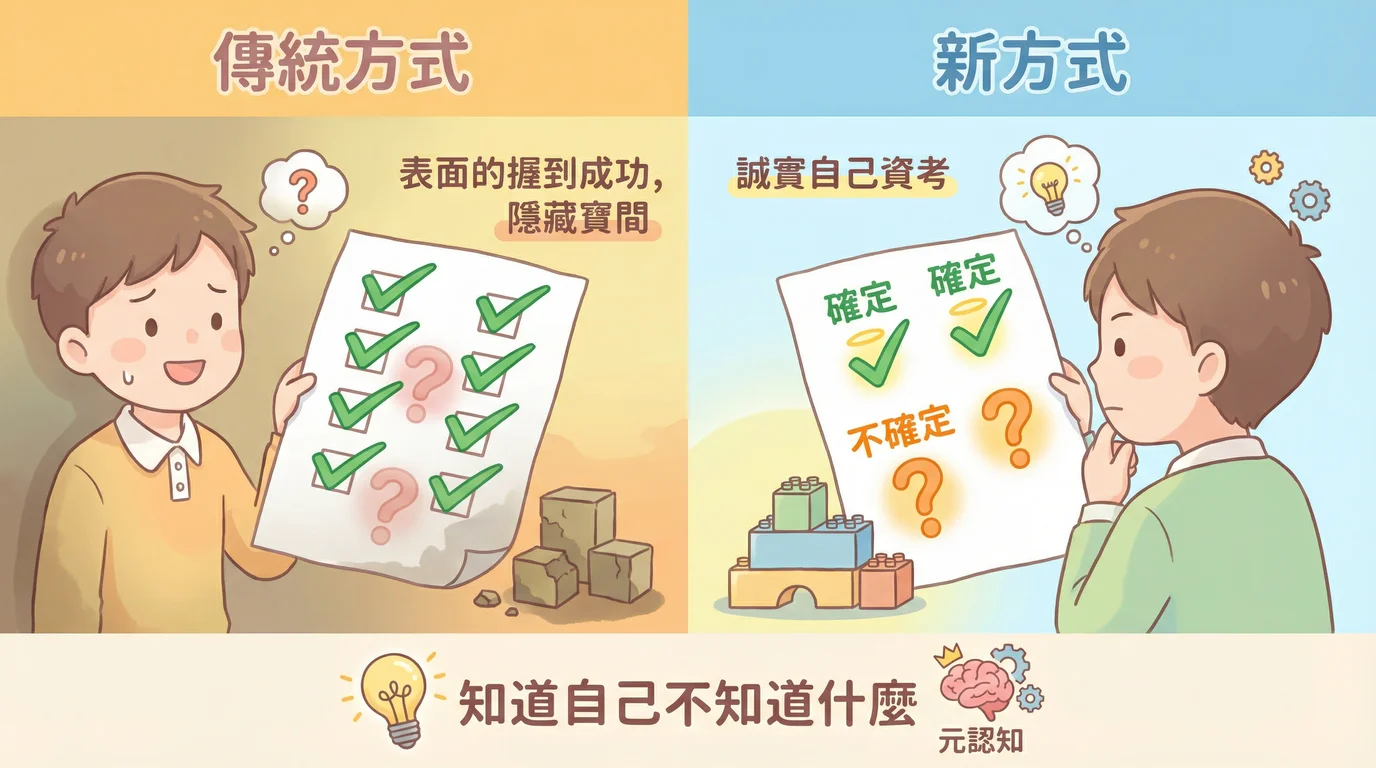傳統方式 vs 新方式：傳統只看對錯，新方式標記確定或不確定